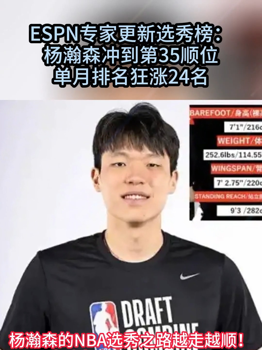 包含ESPN专家杨瀚森选秀前景一路攀升，次轮前半段的潜力人选的词条